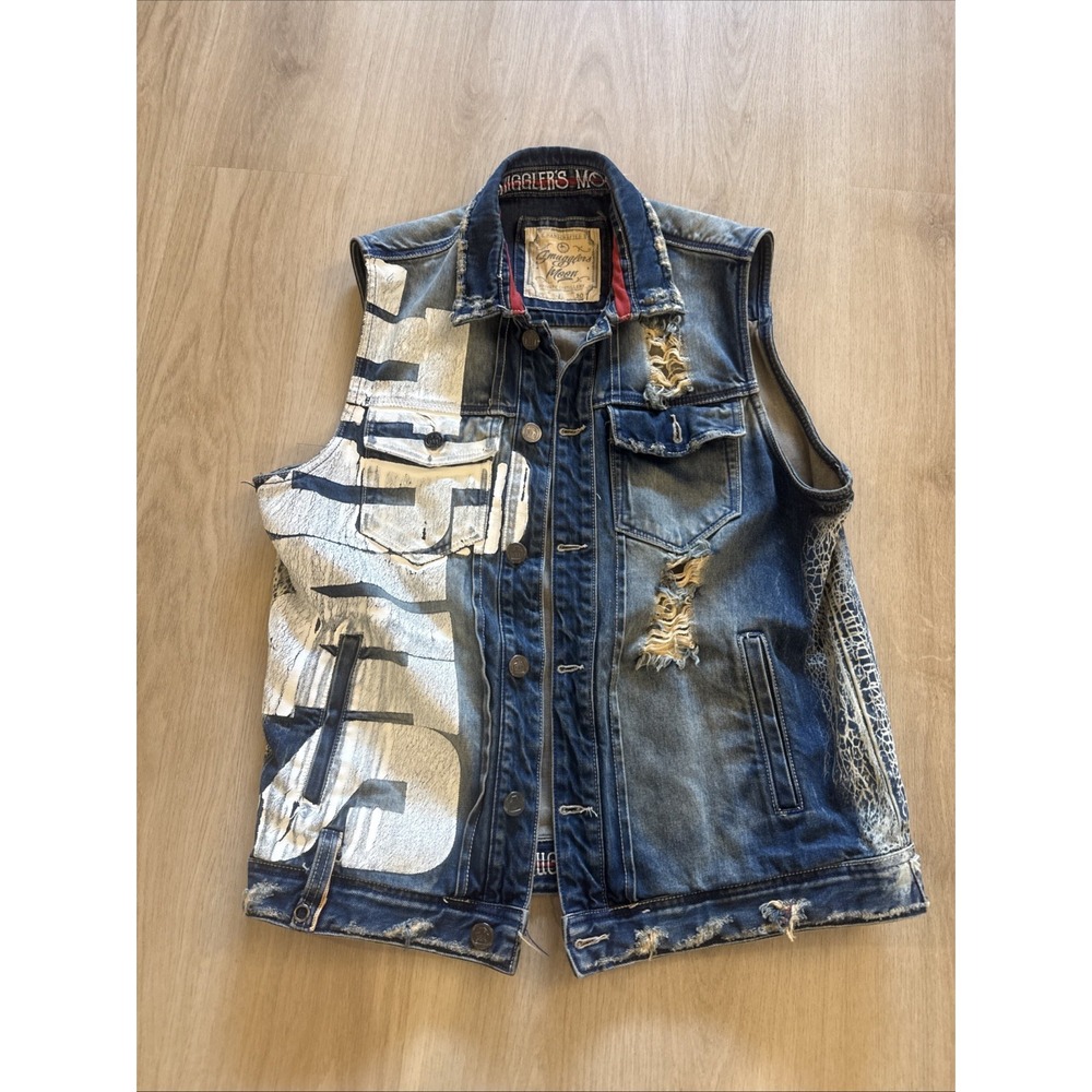 Smugglers Moon Denim Vest Men's L Distressed Painted Y2K Biker Grunge Jean - Picture 1 of 13